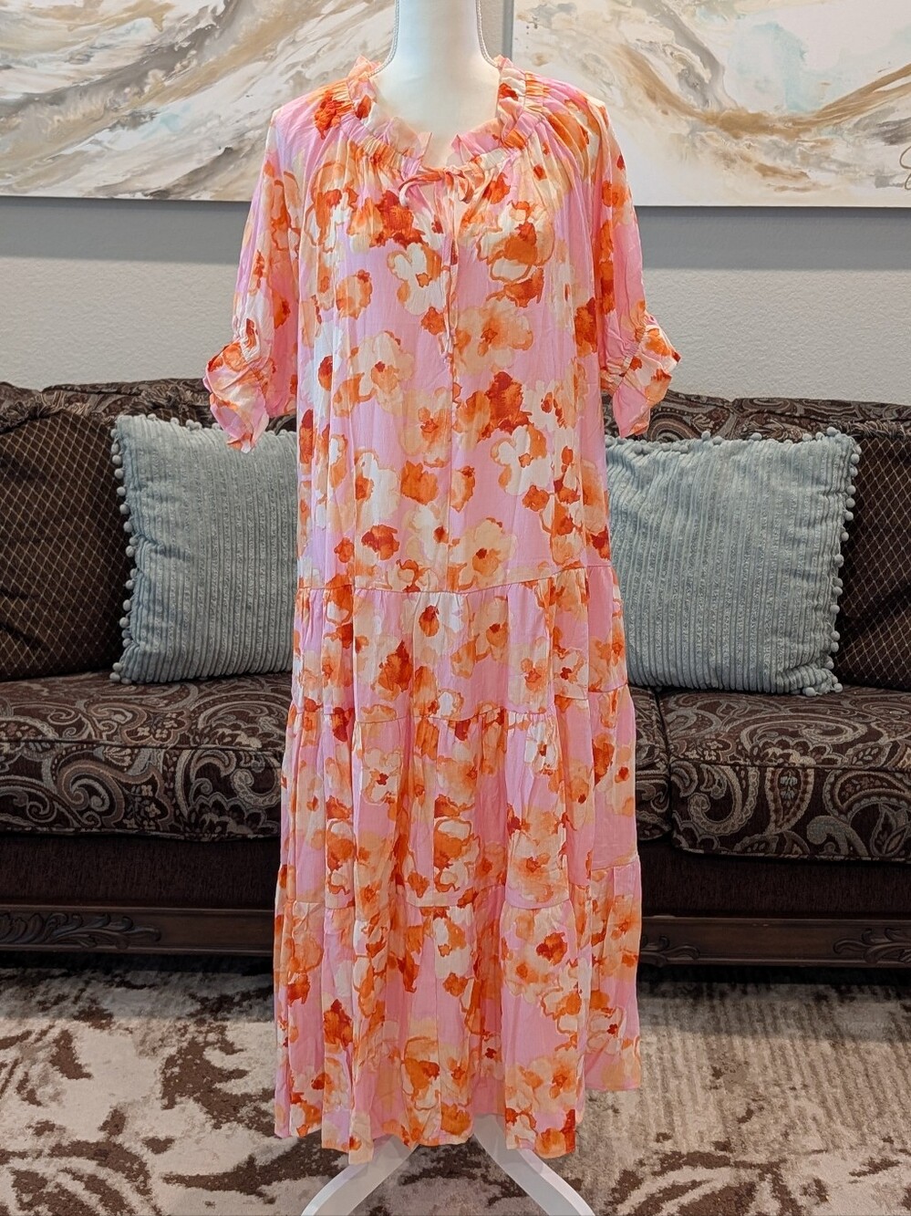 Women's Pink & Orange Floral Tiered Dress